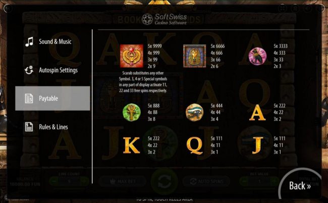 Slot game symbols paytable featuring ancient Egyptian inspired icons.