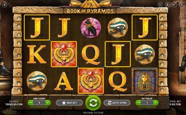 A winning Five of a Kind activated by a pair of wild symbols leading to an 111 coin payout.