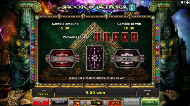 Gamble Feature - To gamble any win press Gamble then select Red or Black.