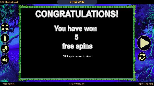 5 free spins awarded