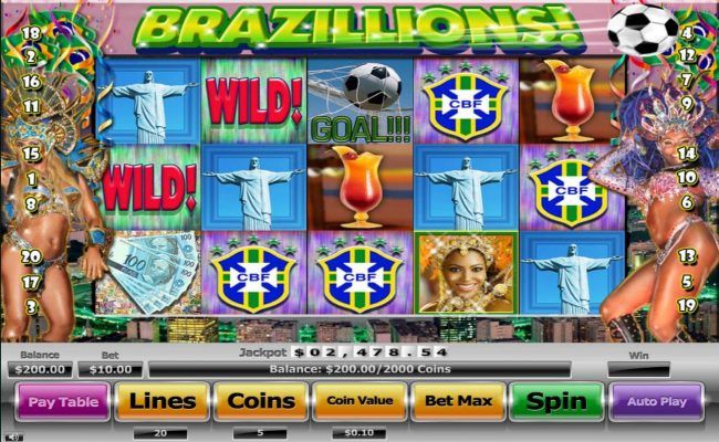A Brazil cultural themed main game board featuring five reels and 20 paylines with a progressive jackpot max payout