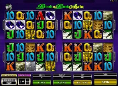 Main game board featuring 4 game boards each with five reels and nine paylines