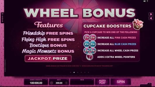 Wheel Bonus - features Friendship Free Spins, Flying High Free Spins, Boutique Bonus and Magic Moment Bonus
