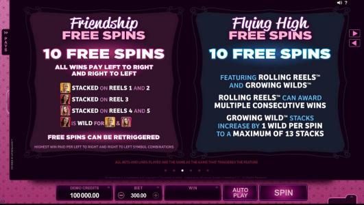 Friendship Free Spins and Flying High Free Spins game rules and how to play