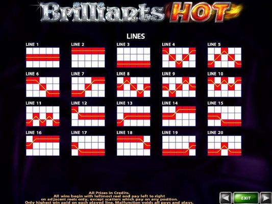 Payline Diagrams 1-20. All wins begin with the leftmost reel and pay left to right on adjacent reels only, except scatters which pay on any position.