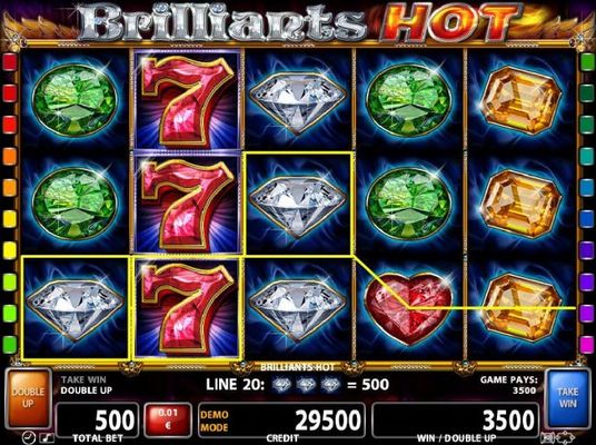 Stacked wild sevens on reel 2 trigger multiple winning Diamond paylines leading to a 3500 coin win.