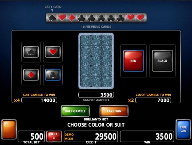 Double Up gamble feature is available after every winning spin. Select the correct color or suit for a chance to double your winnings.