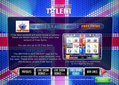 Free spin symbols will each reveal a number; these are added together to show your total amount of free spins. You can win up to 20 free spins. Sticky wilds will be active for the duration of the free spins.