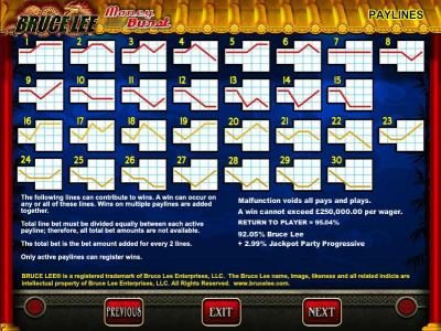 Payline diagrams 1 to 30 and general game rules.