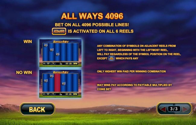 All Ways 4096 - Bet on all 4096 possible Lines! Allways is activated on all 6 reels.