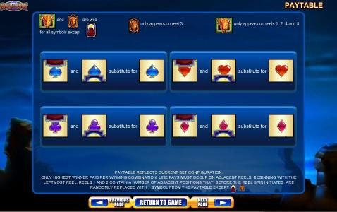 Slot Game Symbols Paytable - Only highest winner paid per winning combination. Paytable reflects current bet configuration. Line pays must occur on adjacent reels, beginning with the leftmost reel.