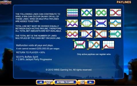 Payline diagrams 1 to 30 and general game rules.