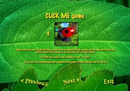 CLICK ME game, 3 CLICK ME symbols visible (scattered), wins a CLICK ME bonus. Choose from the visible CLICK ME symbols and the bonus prize you've won will be revealed.