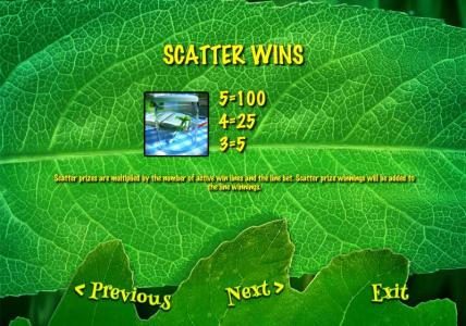 SCATTER WINS paytable. The scatter prizes are multiplied by the number of active win lines and the line bet. Scatter prize winnings will be added to the line winnings.