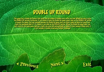 DOUBLE  UP ROUND - This game has a double up fueature that gives you a chance to double every prize you win.