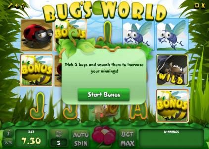 bonus feature triggered - pick three bugs and squash them to increase your winnings