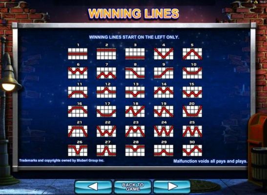 Payline Diagrams 1-30. Winning lines start on the left only!