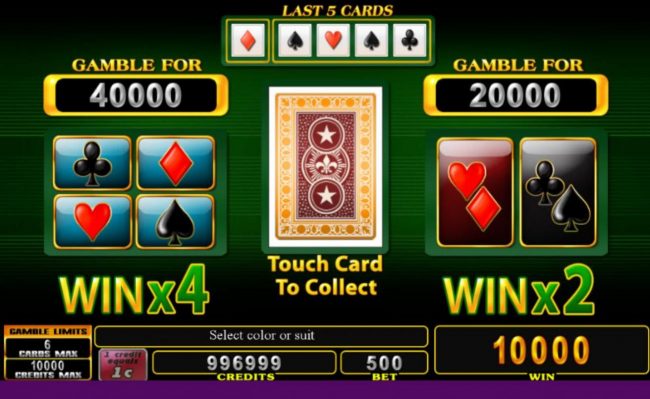 Gamble Feature - To gamble any win press Gamble then select Red or Black or Suit