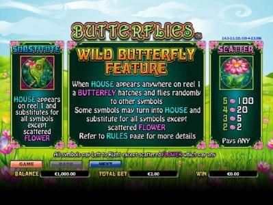 paytable and game rules for wild, scatter and wild butterfly feature