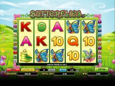 main game board featuring five reels and twenty paylines