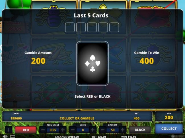 Gamble Feature - To gamble any win press Gamble then select Red or Black.