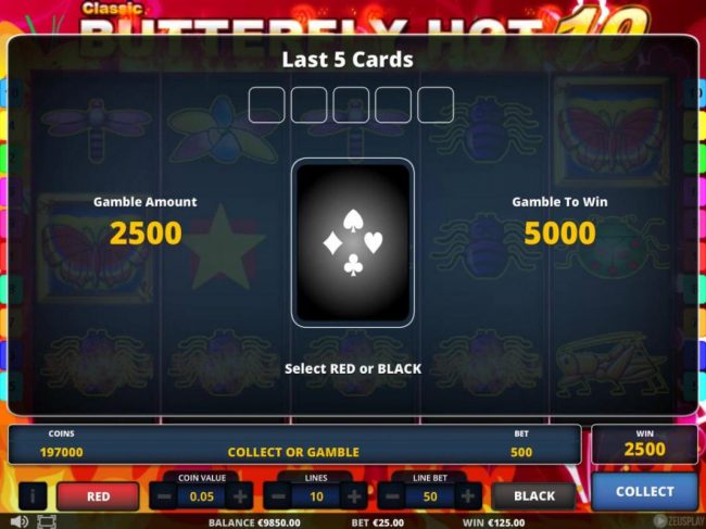 Gamble feature game board is optional and available after every winning spin. Select Red or Black or Collect your win.
