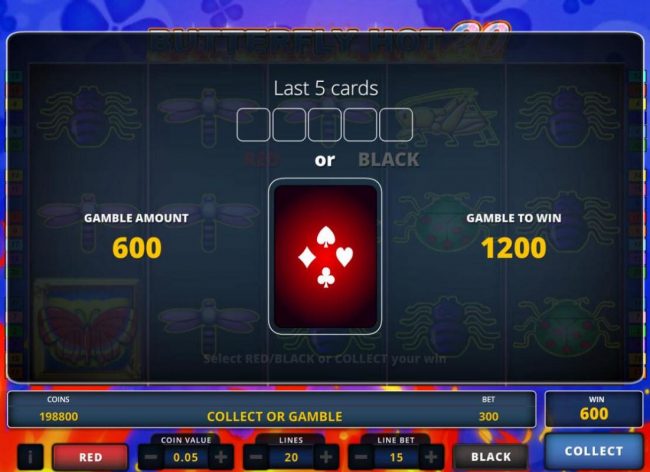 Gamble Feature - To gamble any win press Gamble then select Red or Black.