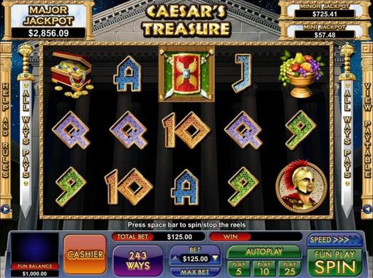 A roman emperor themed main game board featuring five reels and 243 ways to win with a progressive jackpot max payout