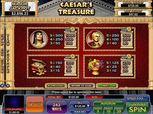 High value slot game symbols paytable featuring Roman inspired icons.