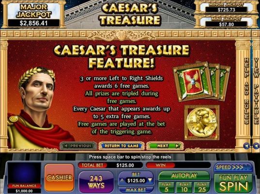 Caesars Treasure feature - 3 or more left to right Shields awards 6 free games. All prizes are tripled during free games.