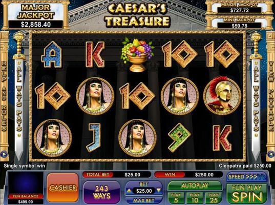 A Cleopatra four of a kind triggers a 250.00 jackpot