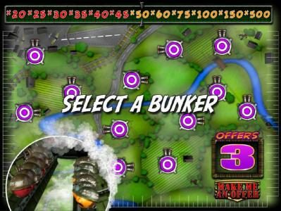 Bombsight Bonus feature game board - Select a bunker to reveal a multiplier
