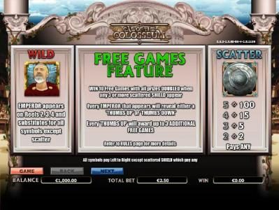 wild, scatter and free games feature paytable and rules