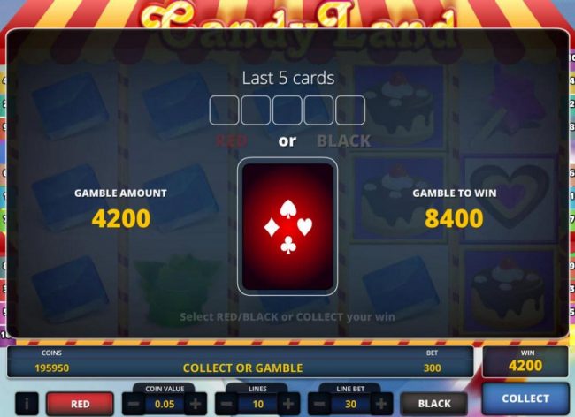 Gamble Feature - To gamble any win press Gamble then select Red or Black.