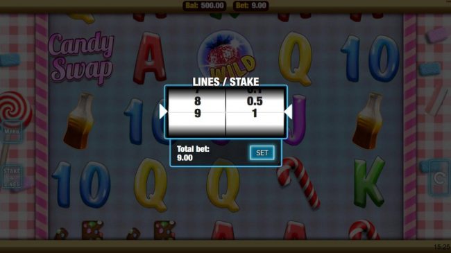 Click the stakes and Lines button to change the coin value or lines played