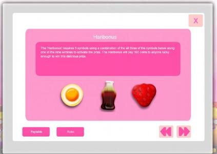 Haribonus - The Haribonus requires 5 symbols using a combination of all three symbols below along one of the nine winlines to activate the prize.