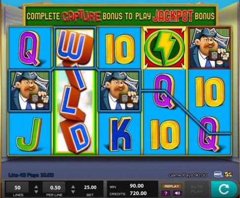 Stacked wild symbol triggers multiple winning paylines awarding player with a 90.00 cash prize.