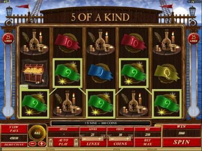 5 of a kind triggers a 1000 coin big win jackpot