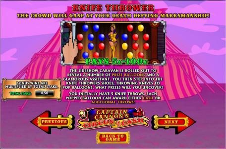 The knife thrower sideshow caravan is rolled out to reveal a number of prize balloons and a glamorous assistant. you have five knife throws to wins prizes