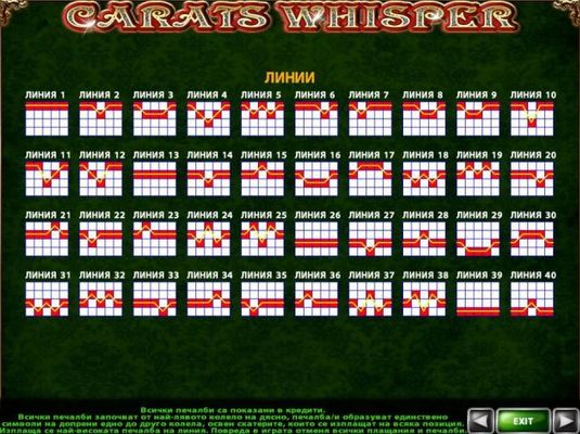 Payline Diagrams 1-40. All wins begin with the leftmost reel and pay left to right on adjacent reels only, except scatters which pay on any position.