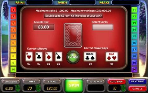 gamble feature game baord - select a color or suit for a chance to increase your winnings
