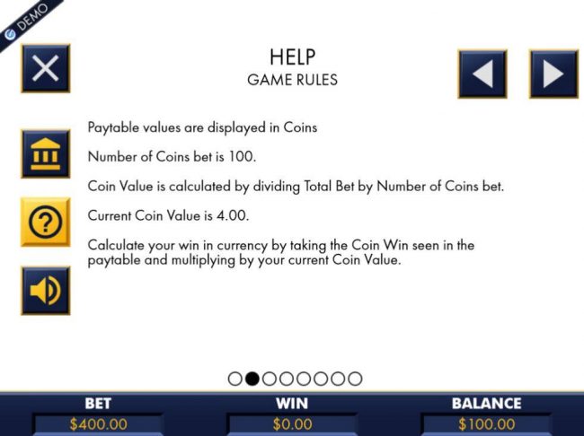 Paytable values are displayed in coins. Number of coins bet is 100.