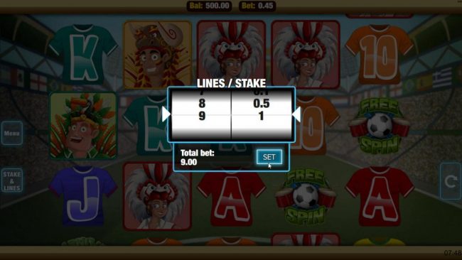 Click the stakes and Lines button to change the coin value or lines played