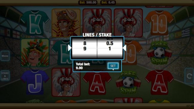 Click the stakes and Lines button to change the coin value or lines played