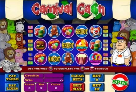 main game board featuring five reels and 18 paylines