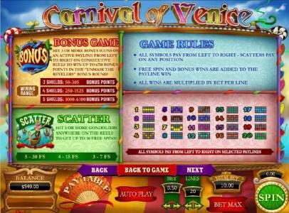 bonus game rules, scatter rules and general game rules along with payline diagrams
