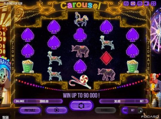 Main game board featuring five reels and 720 winning ways with a $90,000 max payout.