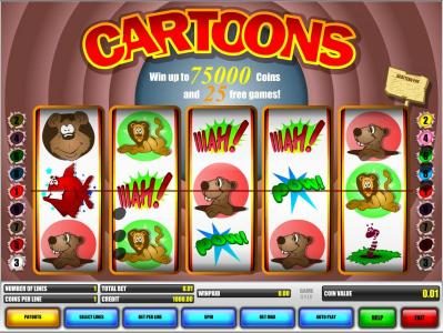 main game board featuring 5 reels and nine paylines. You can win up to 75000 coins and 25 free games.