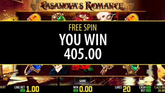 Free Spins total payout 405.00