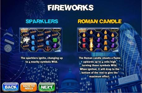 the sparklers ignite, changing up to 4 nearby symbols wild. The roman candle shoots a flame upwards up to 4 cells high turning those symbols wild.